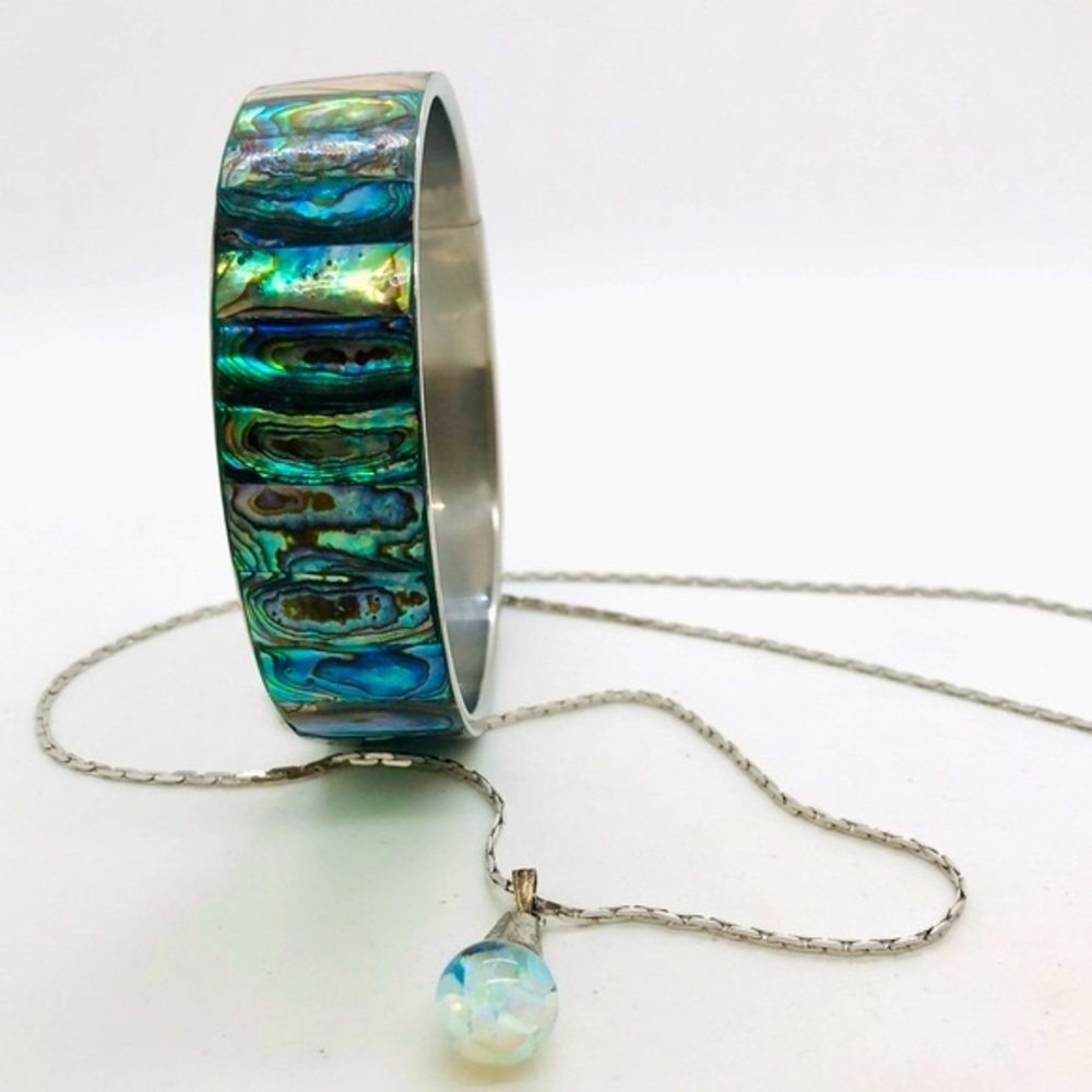 Vintage Abalone Bracelet & Glitter Globe Pendant Necklace